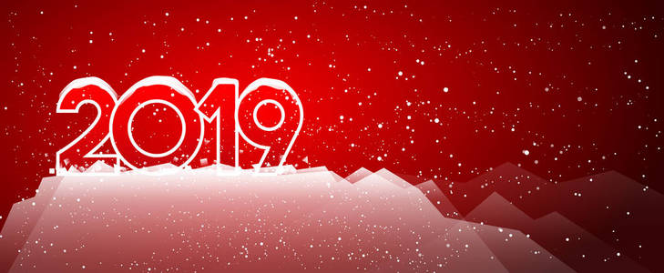 新年贺卡快乐。红色背景上的2019字，带有复制空间。