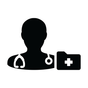 医学图标矢量男性医生个人简介化身与听诊器和医疗报告文件夹健康咨询字形象形图插图
