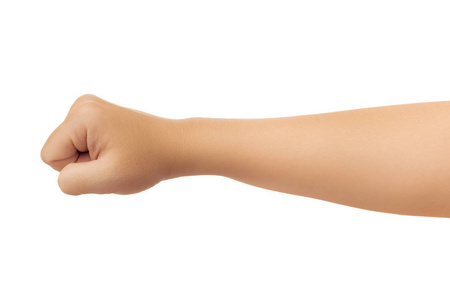 人的手在拳头拳或握拳手势隔离在白色背景上,夹击拍照片