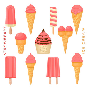 天然草莓冰淇淋在纸碗晶片锥棒上的矢量插图。 冰淇淋由甜的冷冰淇淋Lolly组成，设置美味的冷冻甜点。 草莓的水果冰淇淋