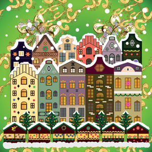 矢量图。 问候或邮政卡的概念。 圣诞树和雪人。 夜晚白雪皑皑的圣诞风景中的一所房子。
