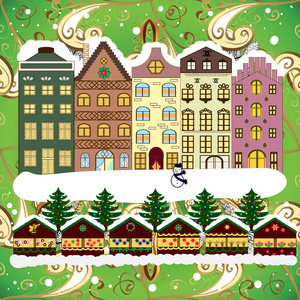 矢量图。 经典的欧洲房屋景观与圣诞节假日装饰。 冬日在舒适的镇街现场。 建筑物和立面。 矢量图。 圣诞前夜下雪。