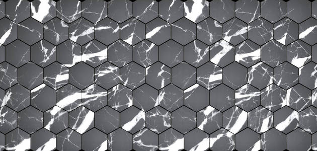 三维渲染六边形面板材料黑色大理石与许多大胆的对比,为您的项目或
