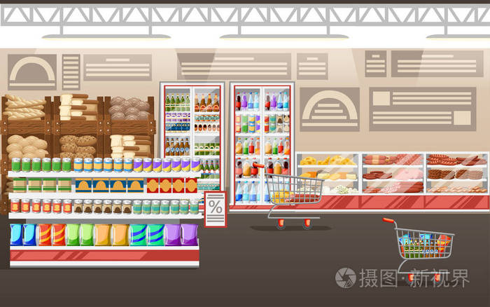 超市插图. 用货物储存内部. 大型购物中心. 货架冰箱和手推车.