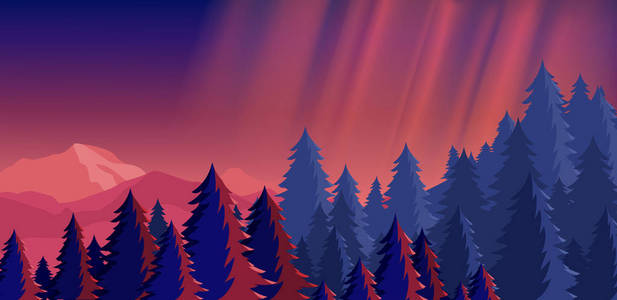 明亮的夜空山景观的矢量例证, 北极光粉红色和蓝色。登山概念, 旅游, 探索世界
