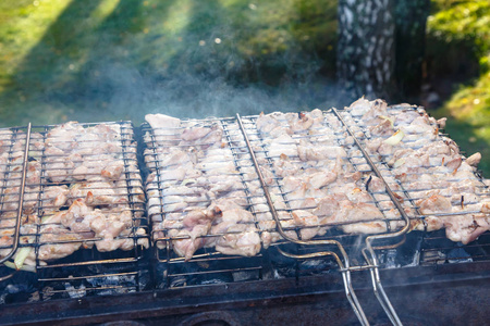 烧烤鸡或肉在煤烤架上炸