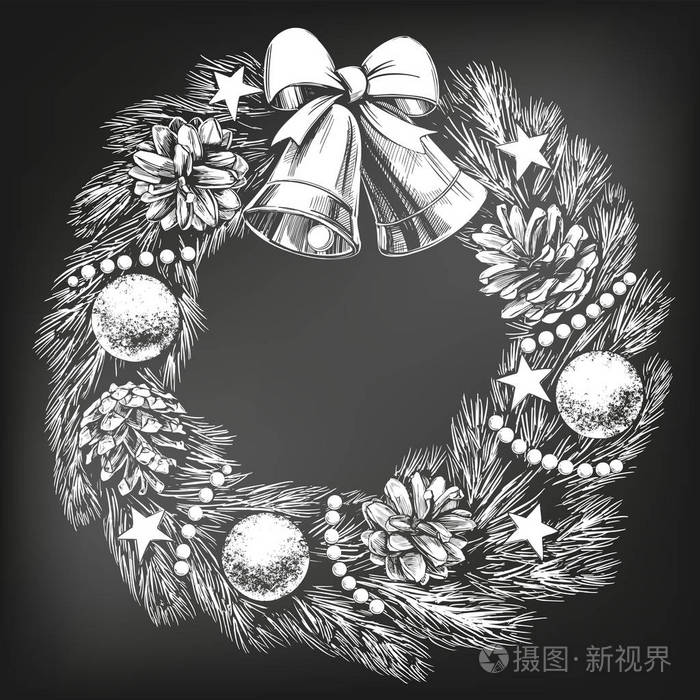 圣诞花圈象征基督教手画矢量插画素描, 画在粉笔上的黑色板上