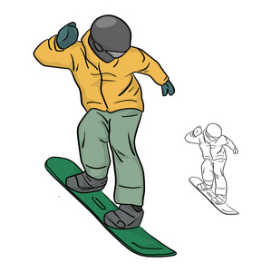 带黄色夹克和头盔的滑雪板矢量插图素描涂鸦，用白色背景上隔离的黑线绘制