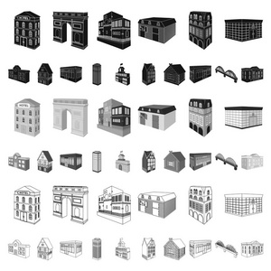 建筑和建筑卡通图标集集合的设计。建筑与住宅矢量等距符号库存 web 插图