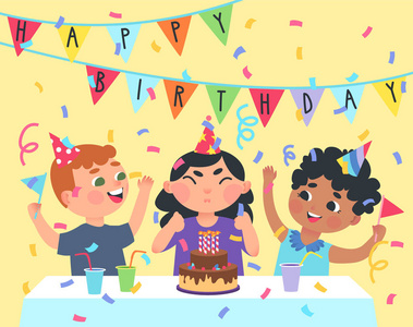 一群孩子庆祝生日。 可爱的卡通插图。 矢量平面设计。
