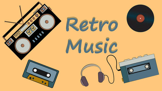 海报从乙烯唱片, 老式复古时髦的电影音乐的第一个播放器和音频磁带