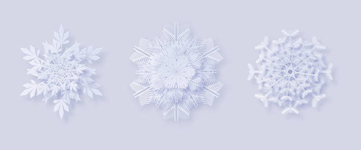 折纸雪花。圣诞快乐贺卡。3d 雪花与阴影为您的新年和圣诞节贺卡设计