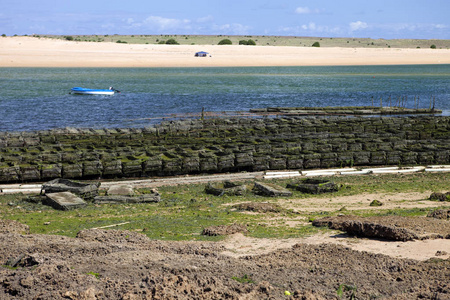 牡蛎养殖警告篮子在海滩上摩洛哥
