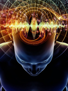 心理波动系列。 人类头部三维插图和技术符号的抽象背景，用于意识大脑智力和人工智能项目