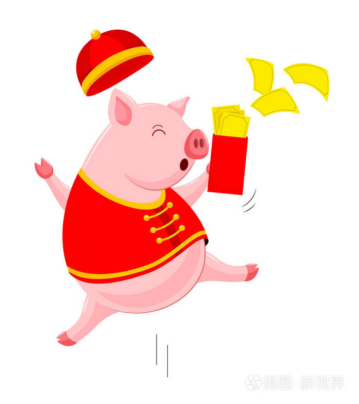 穿着中国传统服装的滑稽卡通猪人物快乐的中国新年概念快乐猪跳跃白色