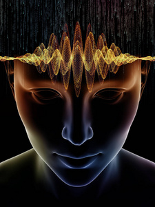 心理波动系列。 由3D图和技术符号组成的设计，作为与意识大脑智力和人工智能相关的项目的背景