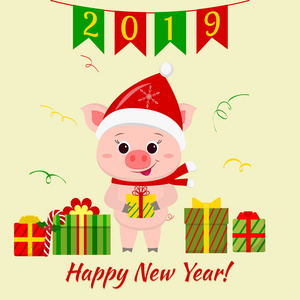 新年快乐, 圣诞祝福贺卡。圣诞老人帽子和围巾上的一只可爱的猪拿着一盒礼物。农历新年的象征。2019. 向量