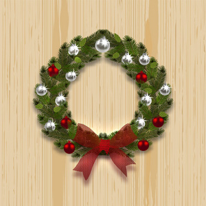 一个绿色的树枝吃着一个带有影子的圣诞花环的形状。银色和红色的球, 红色的弓在天然木材的背景。插图