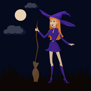 红头发的逗人喜爱的巫婆在紫色的礼服和帽子用扫帚