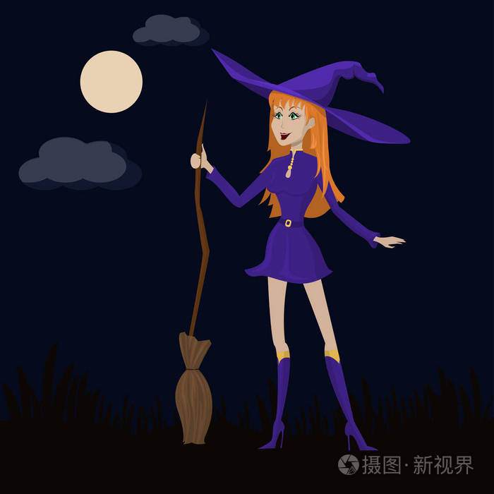 红头发的逗人喜爱的巫婆在紫色的礼服和帽子用扫帚