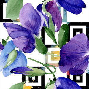 水彩紫甜豌豆花。 花卉植物花。 无缝背景图案。 织物壁纸印花纹理。 背景纹理包装图案框架用水花。