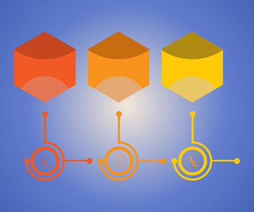 信息图表3位置在图中，信息图形是六角形的黄色和橙色。 带有货币捐助者欧元图标的信息图表。 文本的信息图表。