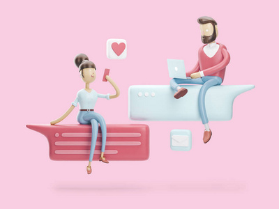 3d 插图.男孩和女孩在恋爱聊天.社交媒体概念照片