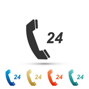 电话24小时支持图标查出的白色背景。全天候客户支持呼叫中心。在彩色图标中设置元素。平面设计。向量例证