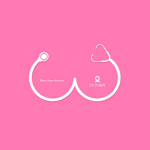 听诊器和乳房图标。世界乳腺癌10月意识月活动横幅。女性健康概念。乳腺癌意识月标志设计。真实的粉红色丝带。粉红色护理标志。矢量插图