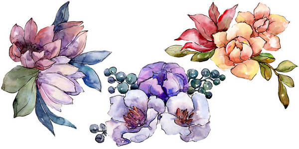 水彩彩色花束花。 花卉植物花。 孤立的插图元素。 背景纹理包装图案框架或边框的水花野花。