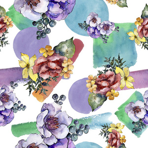 水彩彩色花束花。 花卉植物花。 无缝背景图案。 织物壁纸印花纹理。 背景纹理包装图案框架用水花。