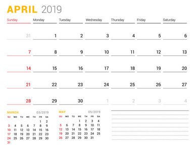 2019年4月的日历模板。商业规划师。 文具设计。 一周从星期天开始。 两个月的时间。 矢量插图