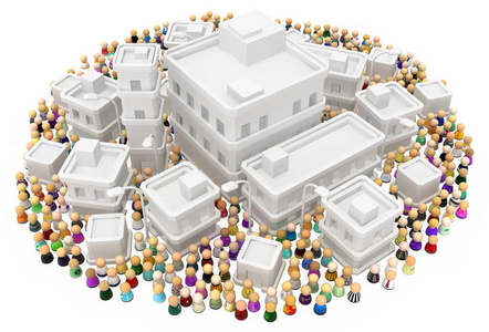 人群中的小象征人物，白色建筑，城镇圈，3D插图，白色隔离