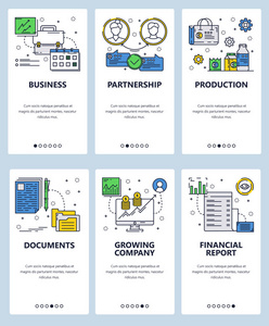 矢量网站线性艺术载入屏幕模板。业务伙伴关系和财务图标。网站和移动应用开发的菜单横幅。现代设计平面图
