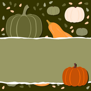 季节性秋卡与绿色水平撕裂纸和彩色南瓜和种子的无缝图案的黑暗背景