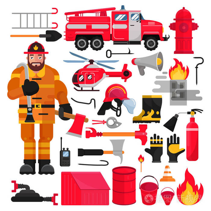 firemans 制服与头盔和消防车直升机查出的白色背景插画-正版商用图片