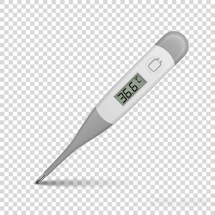 矢量逼真的3d摄氏度电子医疗温度计测量图标特写在wtransparency网格