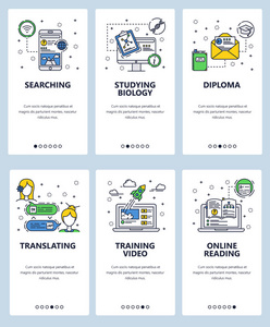矢量网站线性艺术载入屏幕模板。在线教育和电子学习图标。网站和移动应用开发的菜单横幅。现代设计平面图