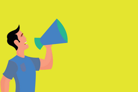 esp web 横幅促销材料模拟模板人在衬衫站立说话持有扩音器男性呼叫到