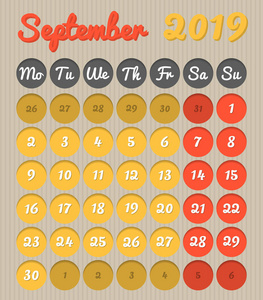 现代月计划日历的英语2019年9月纸板风格与生动的颜色黄色和红色周末突出星期一至星期日全年雪崩在投资组合