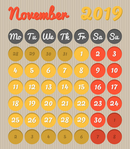 现代月计划日历的英语2019年11月纸板风格与生动的颜色黄色和红色周末突出星期一至星期日全年雪崩在投资组合