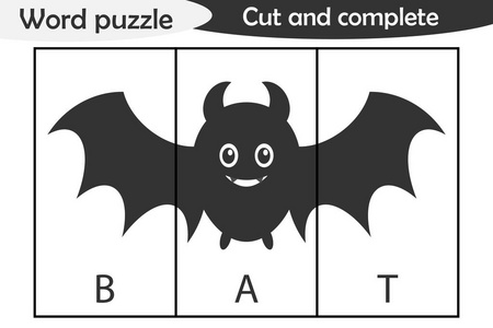 字谜蝙蝠在卡通风格万圣节教育游戏中的发展学龄前儿童使用剪刀剪下部分图像并完成图片矢量插图