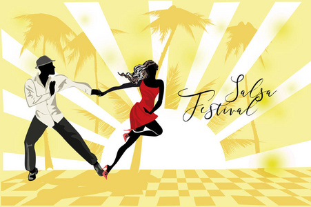 美丽的浪漫夫妇在热情的拉丁美洲舞蹈。 萨尔萨节。 手绘海报背景。
