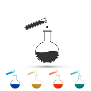 试管和烧瓶化学实验室测试图标查出的白色背景。实验室玻璃器皿标志。在彩色图标中设置元素。平面设计。向量例证