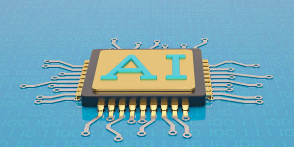 中央计算机处理器CPU与ai标志的蓝色背景3D插图。