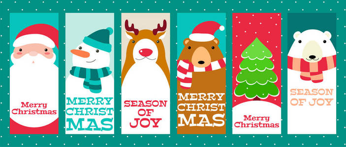 一套垂直圣诞横幅背景传单海报。 圣诞海报和贴纸。 矢量模板卡问候装饰祝贺邀请与可爱的动物和圣诞老人。 eps8