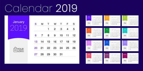 2019年台历。 简单的彩色渐变，简洁的书桌日历模板