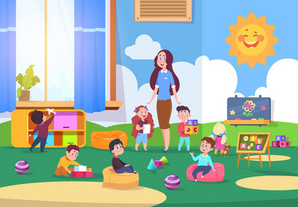 孩子们在幼儿园上课.可爱的孩子在教室里和老师一起学习.