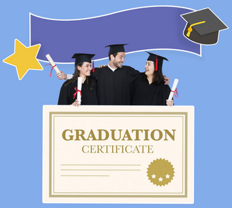 带毕业证书的帽衫及礼服毕业生图片