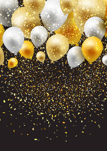 庆祝背景与金银气球和纸屑